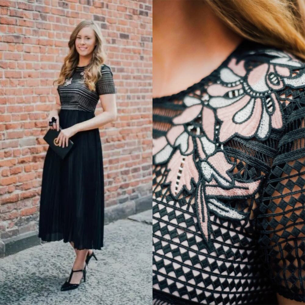 LK Bennett Women's Efina Dress Black Pink Lace Pleated Midi Size 4